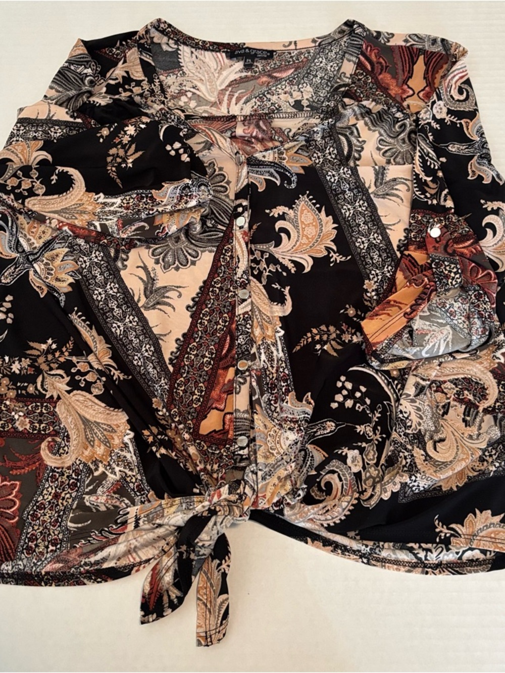 Ava & Grace Black and Cream Paisley Tie-Front Top PL